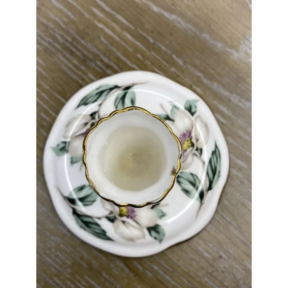 Staffordshire Candle Holder Bone‎ China White Flower Gold